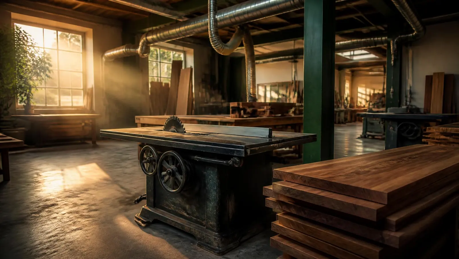 Woodworking shop interior with a cabinet table saw, stacked walnut boards, and overhead dust ducting